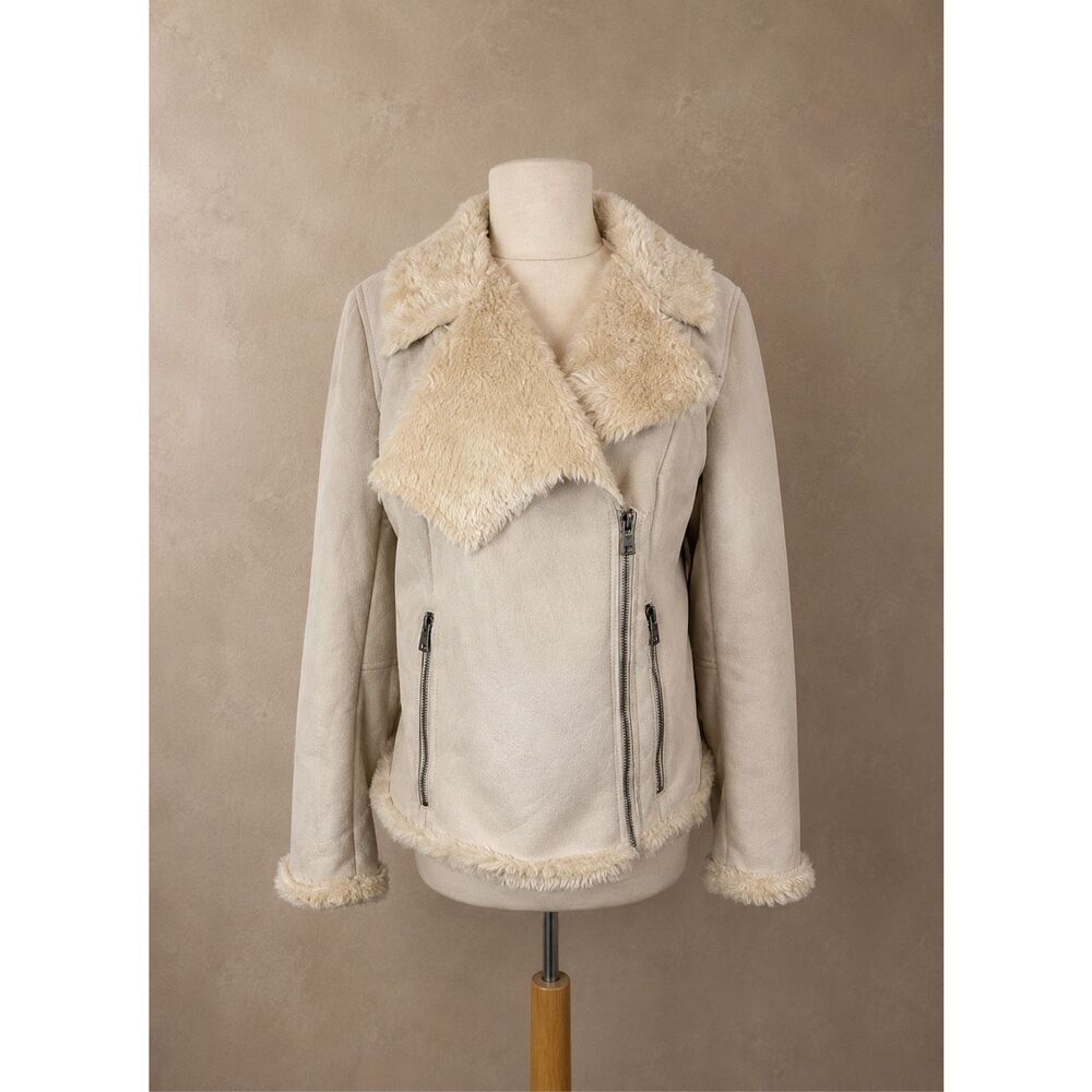 Express Faux Suede Moto Jacket Cream Shearling Collar Zip Front Large